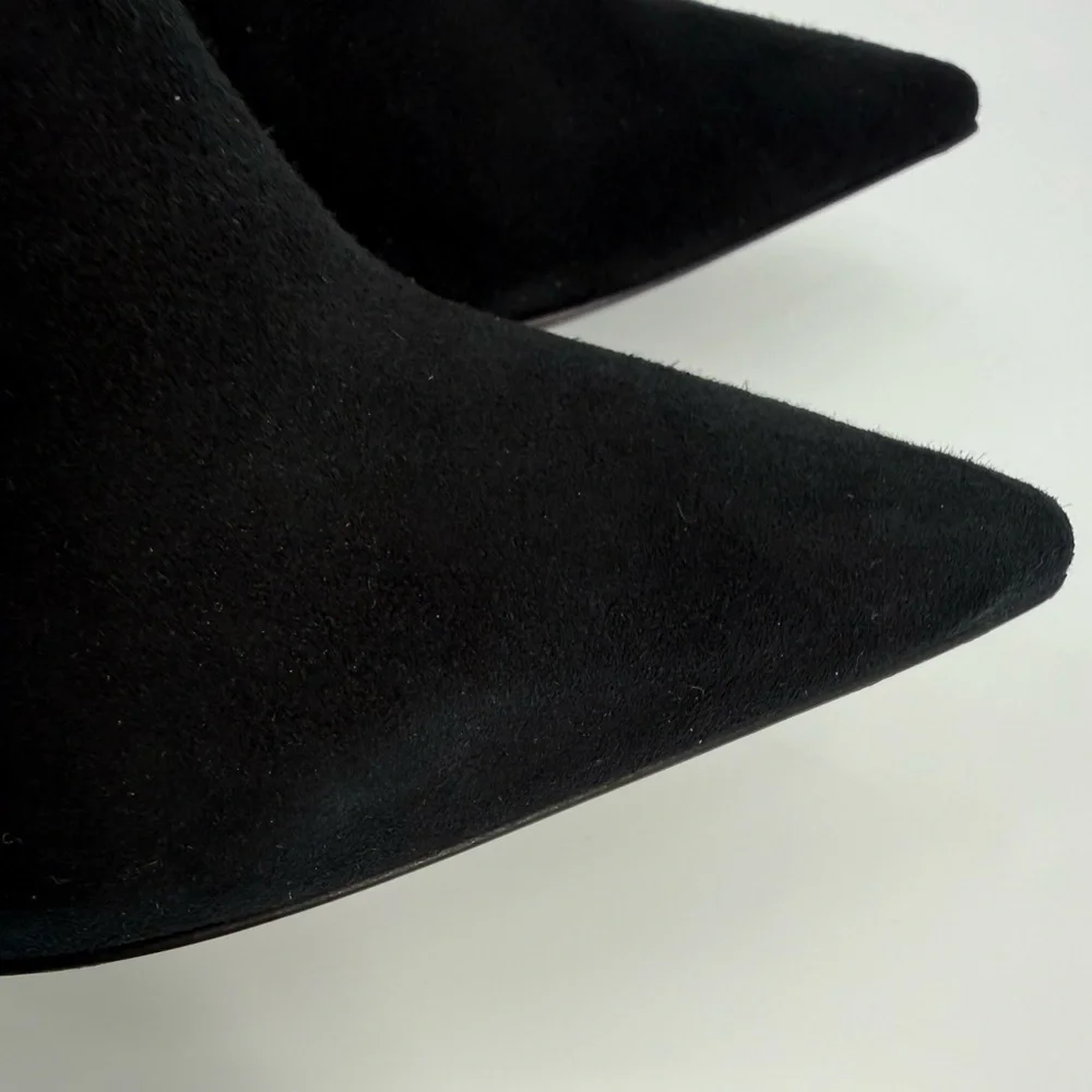 Diane B. Sophisticated Black Suede Knee-High Stiletto Boots with Rhinestone Heel - Picture 6 of 16